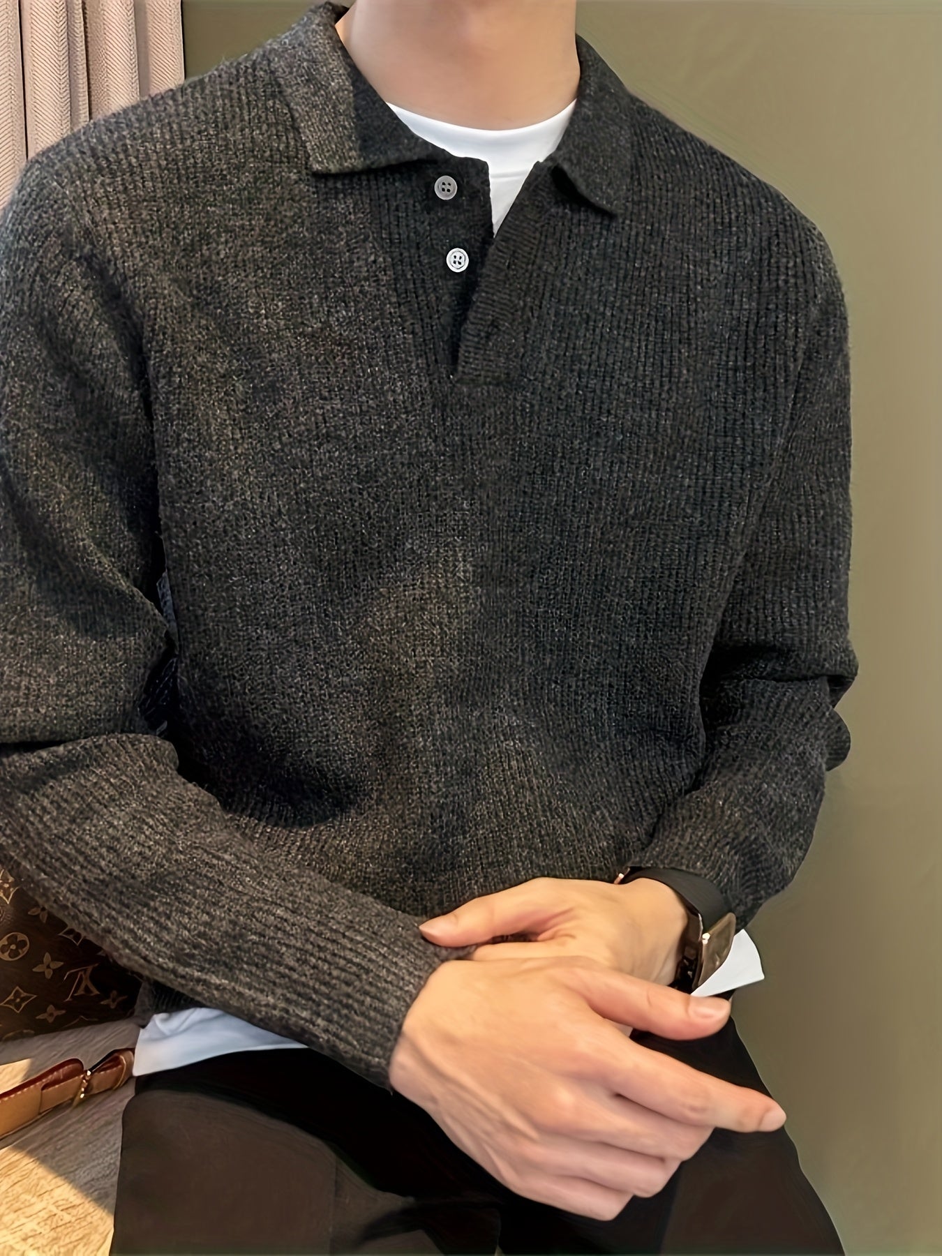 Heren dikke gebreide trui – oversized relaxed fit met knoopsluiting en kraag