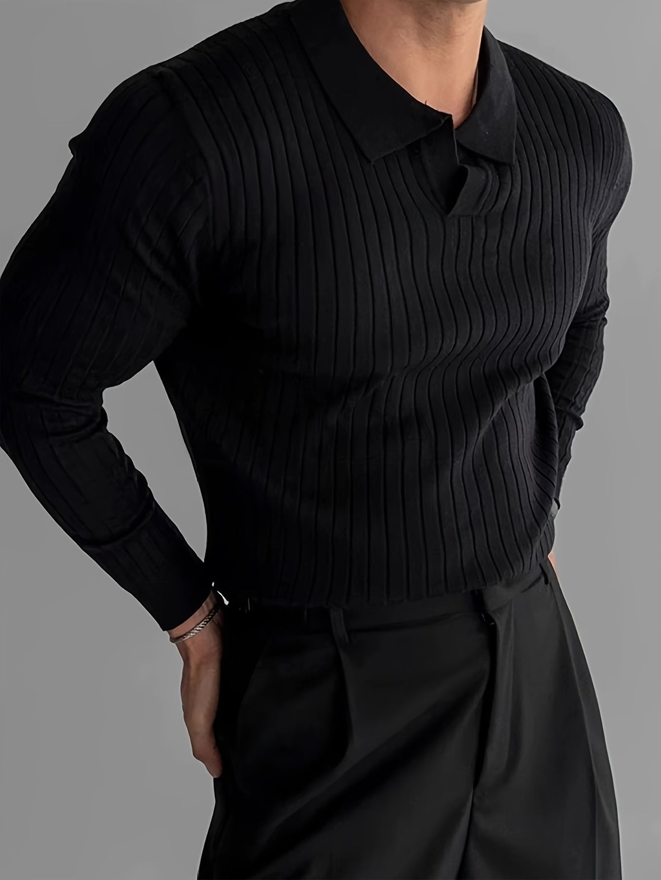 Heren gebreid poloshirt met lange mouwen en klassieke kraag