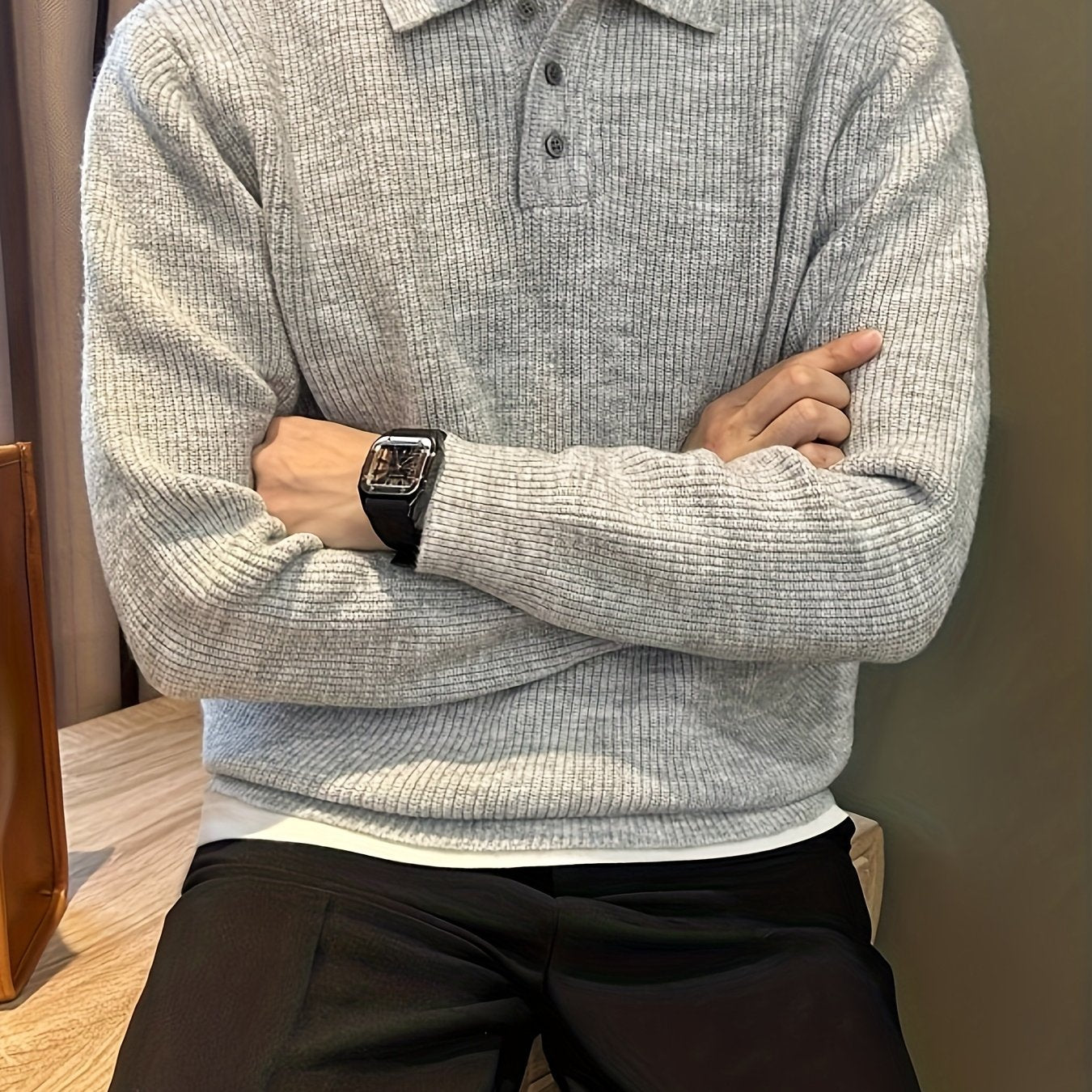 Heren dikke gebreide trui – oversized relaxed fit met knoopsluiting en kraag