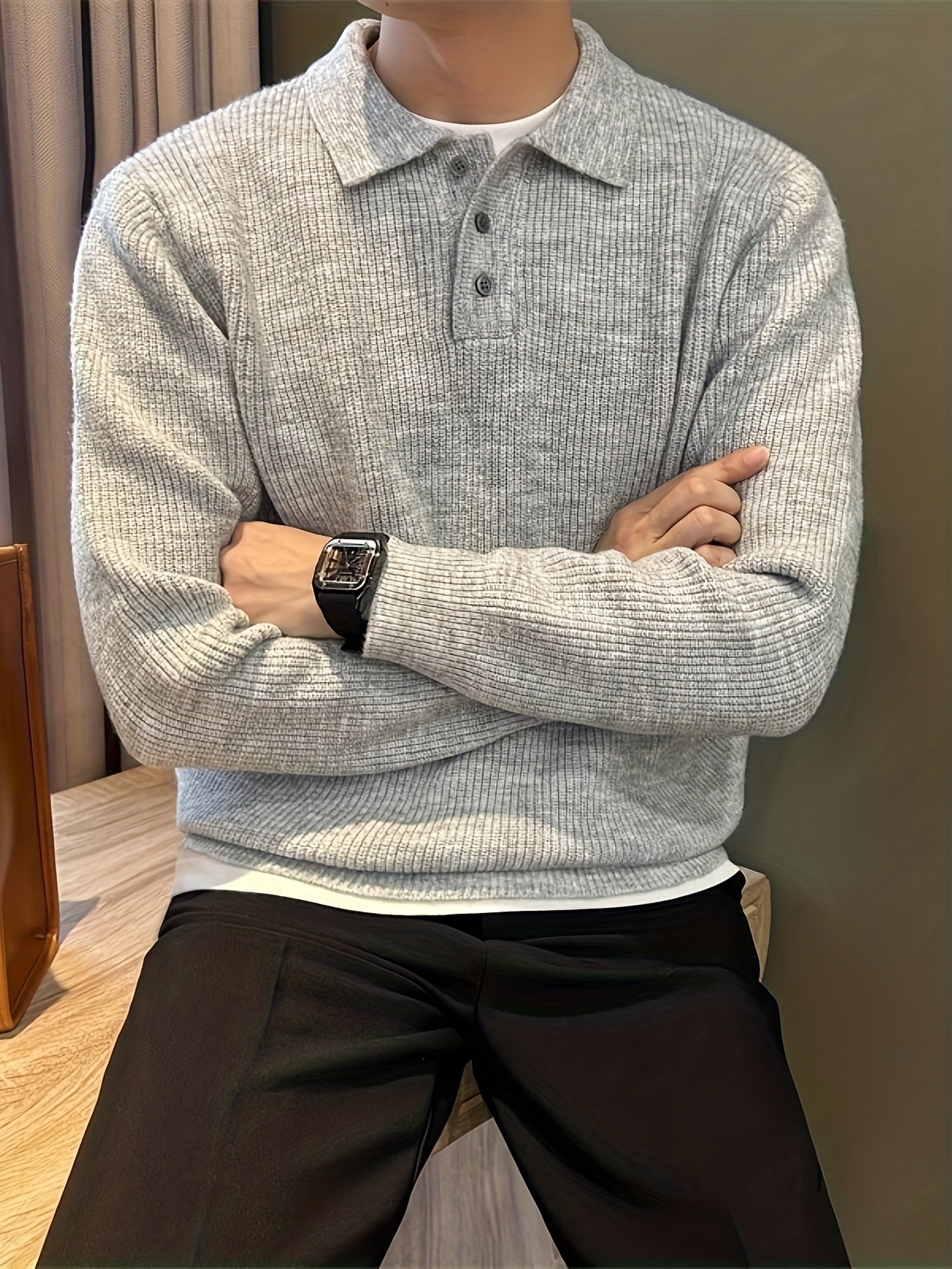 Heren dikke gebreide trui – oversized relaxed fit met knoopsluiting en kraag