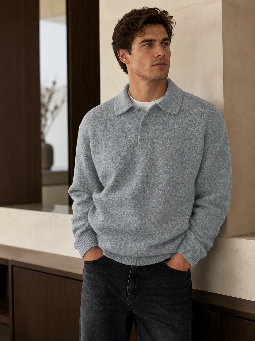 Men's knitted outer vest with classic collar