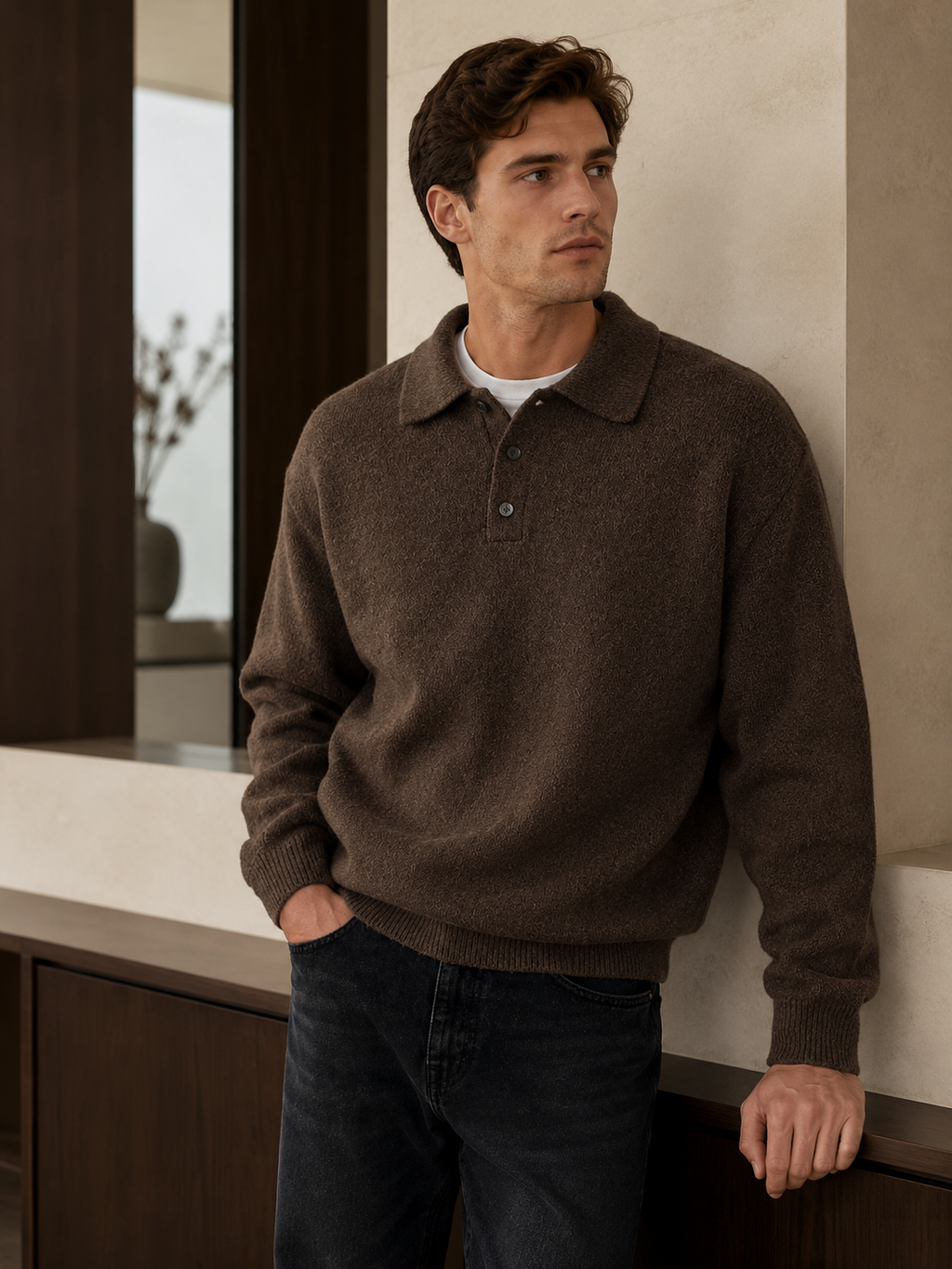 Men's knitted outer vest with classic collar