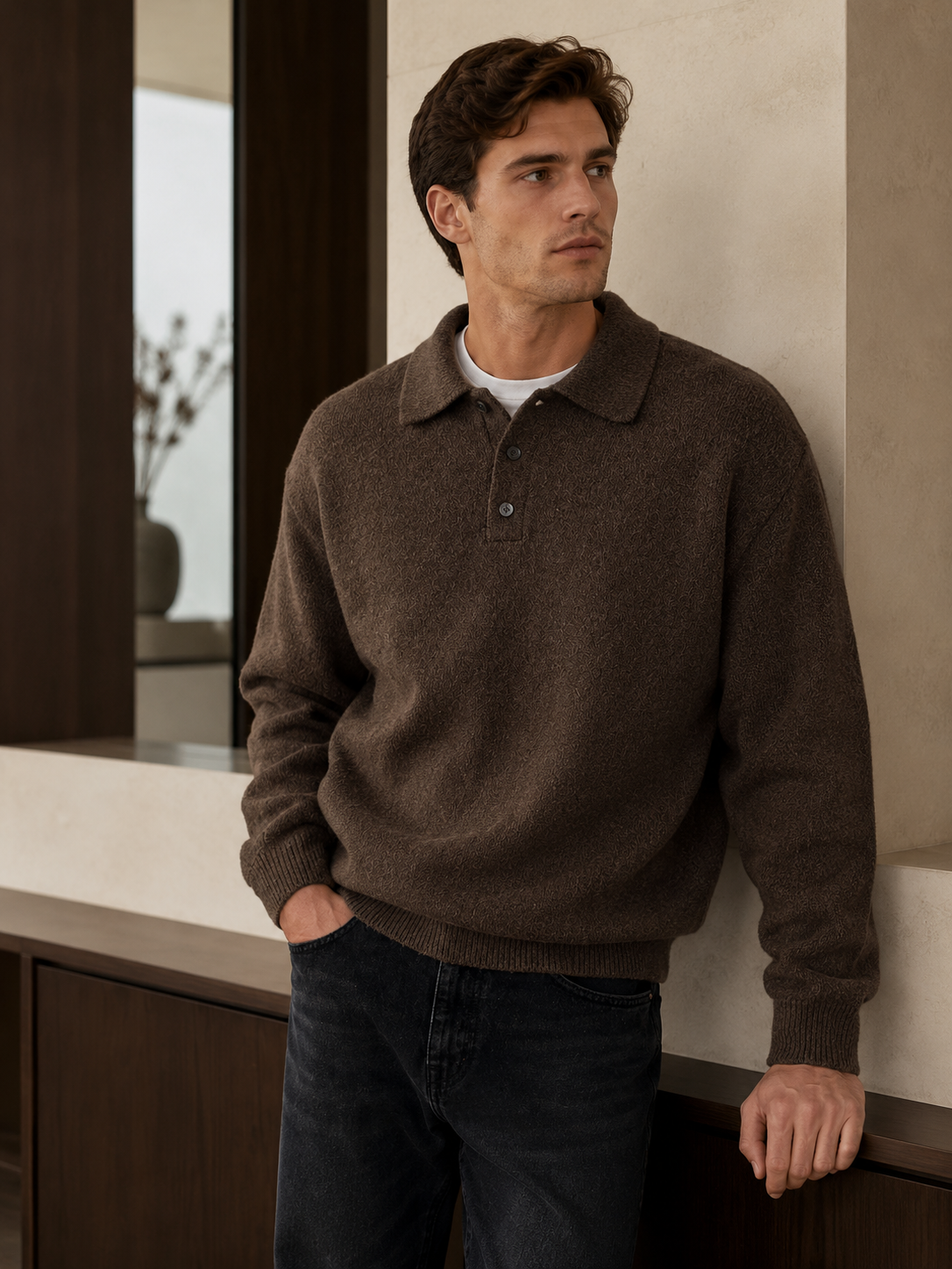 Men's knitted outer vest with classic collar
