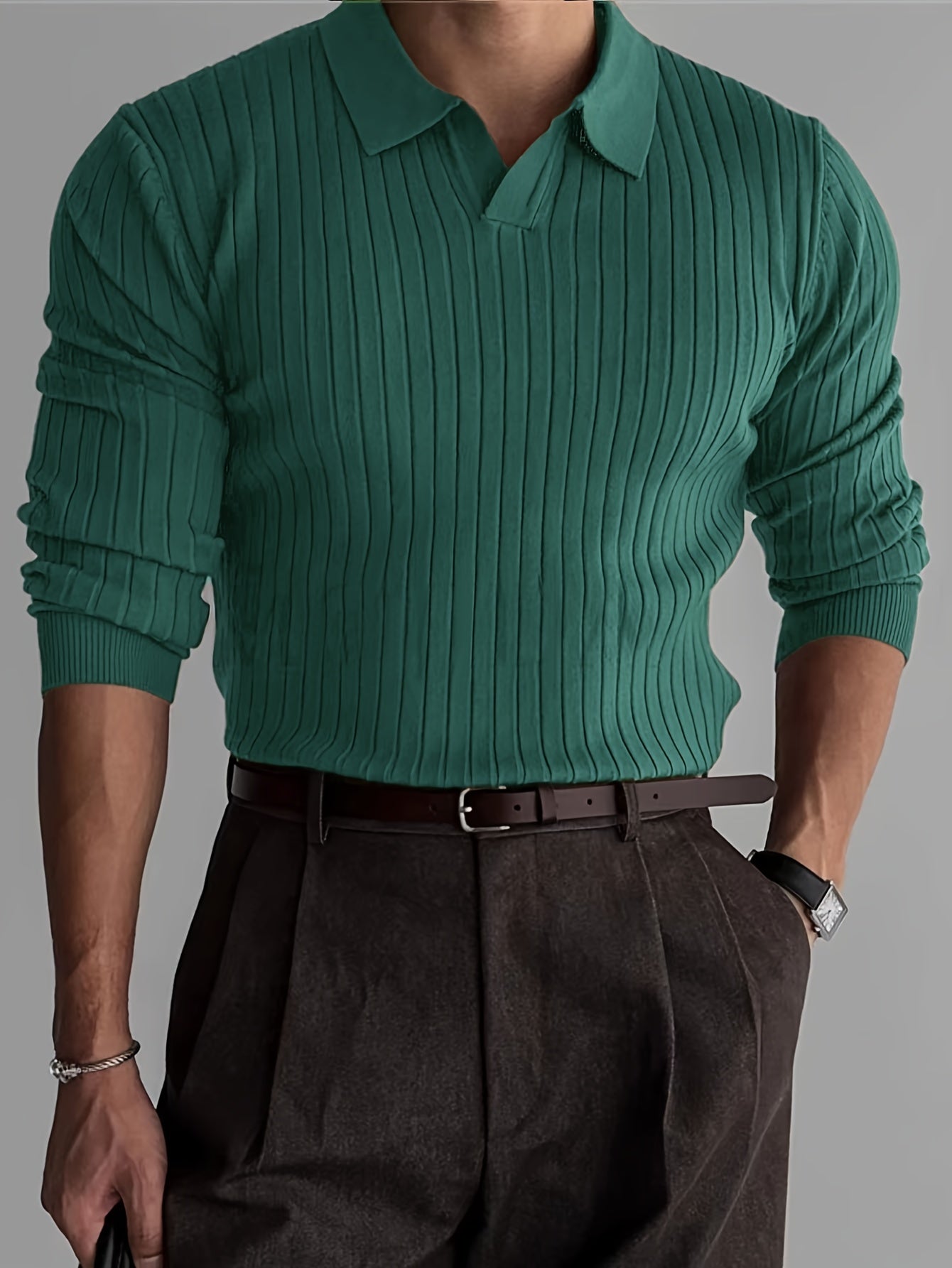 Heren gebreid poloshirt met lange mouwen en klassieke kraag