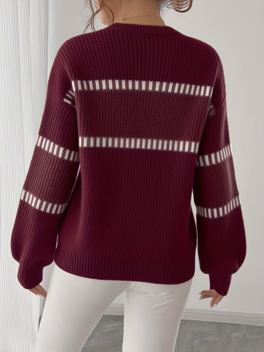 Elegante dames trui met lange mouwen – beige/bruine horizontale strepen, zachte stretch