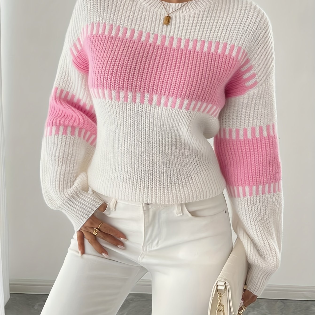 Elegante dames trui met lange mouwen – beige/bruine horizontale strepen, zachte stretch