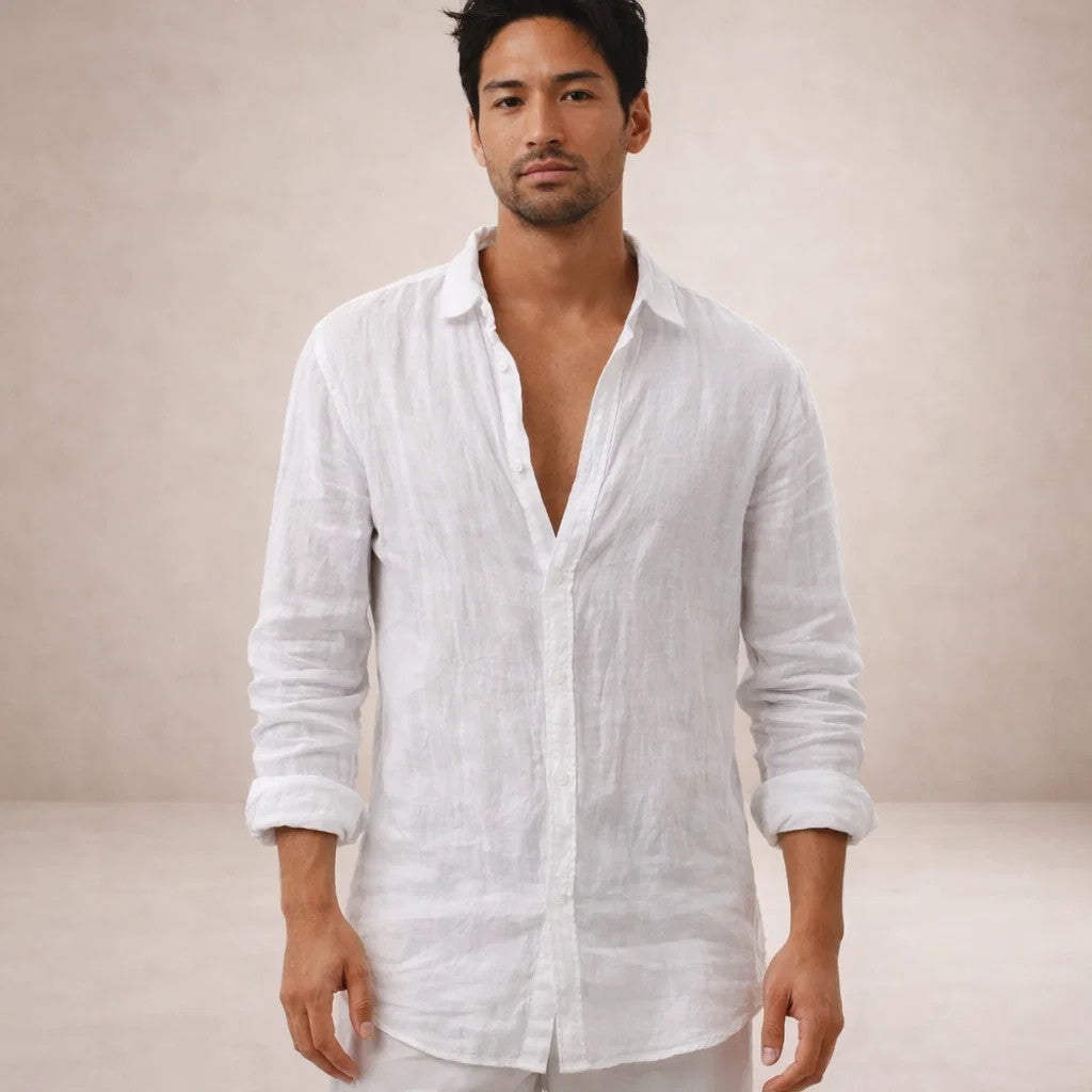 Men's Linen Shirt | Regular Fit | Breathable Fabric | Open Collar | Long Sleeves