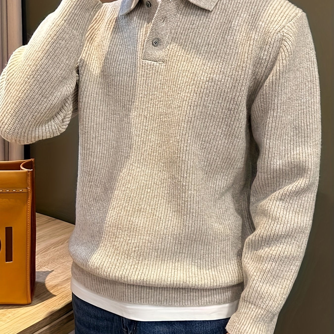 Heren dikke gebreide trui – oversized relaxed fit met knoopsluiting en kraag