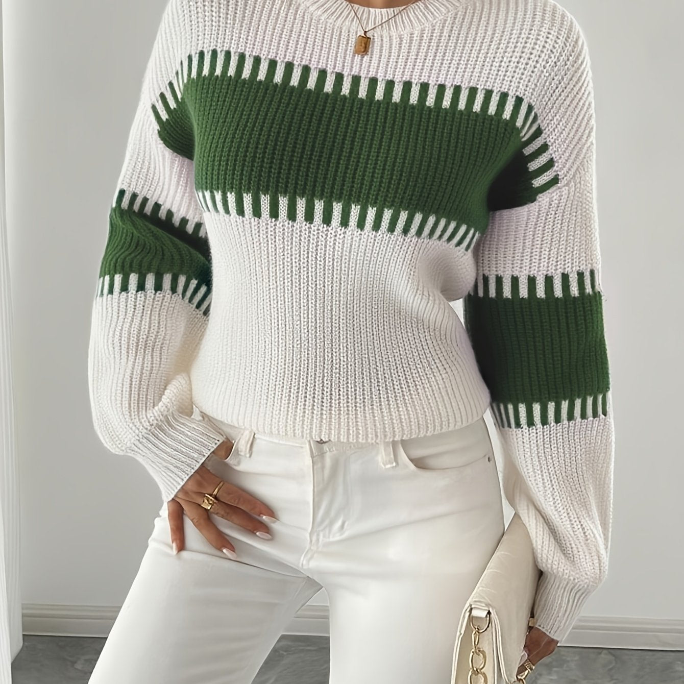 Elegante dames trui met lange mouwen – beige/bruine horizontale strepen, zachte stretch