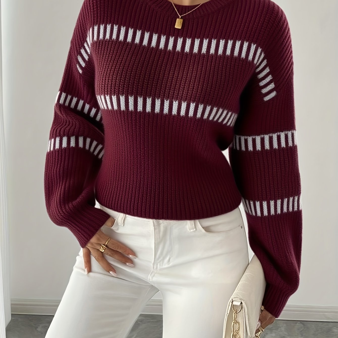 Elegante dames trui met lange mouwen – beige/bruine horizontale strepen, zachte stretch