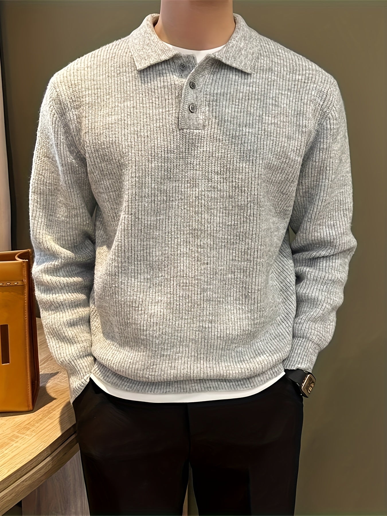 Heren dikke gebreide trui – oversized relaxed fit met knoopsluiting en kraag