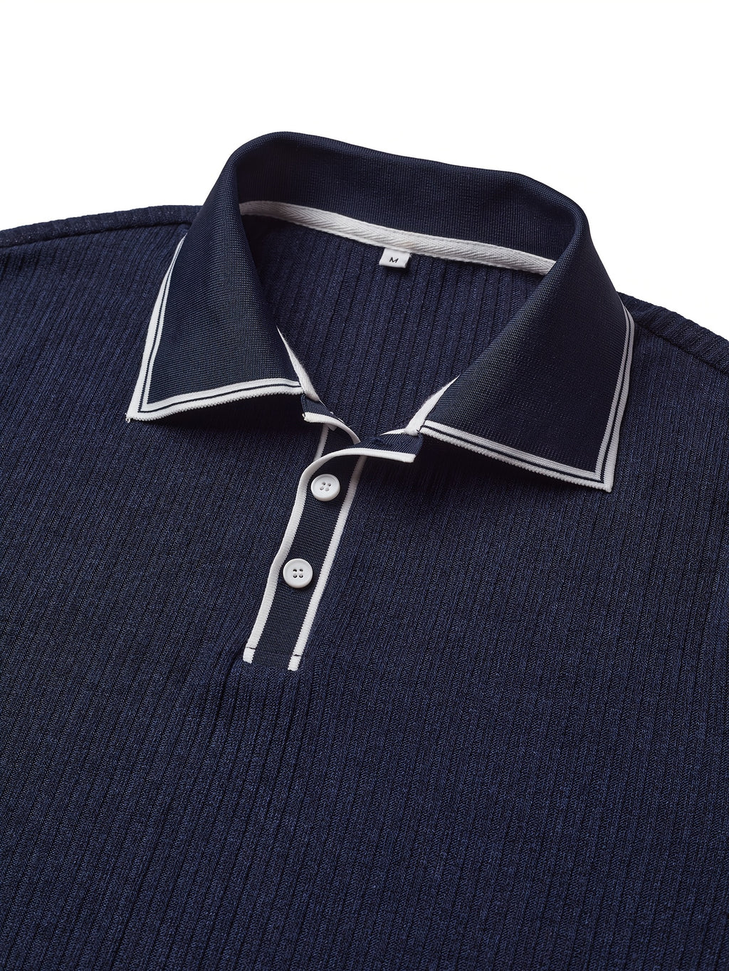 Heren casual poloshirt met kleurblok – marineblauw/wit, lange mouwen & contrasterende kraag