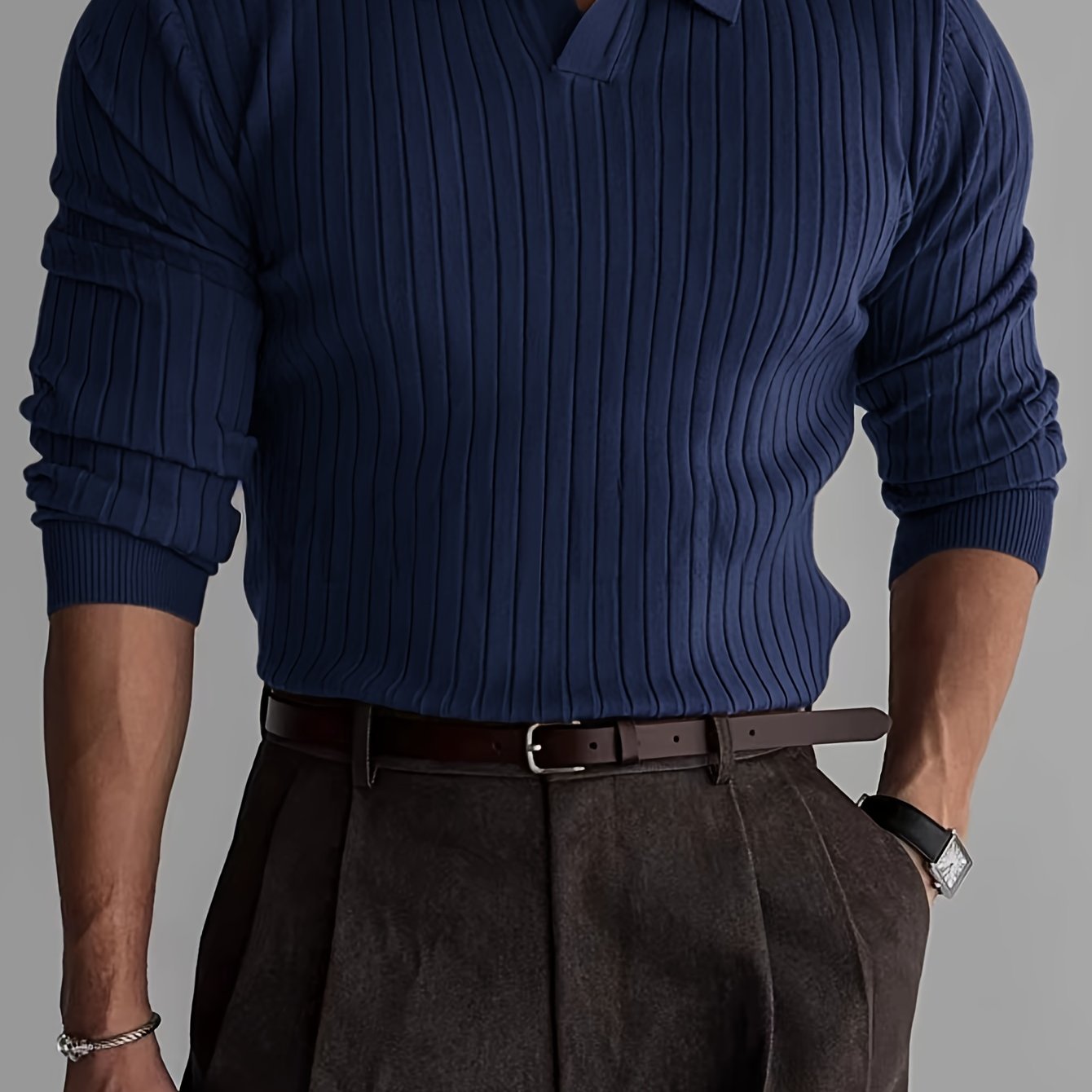 Heren gebreid poloshirt met lange mouwen en klassieke kraag