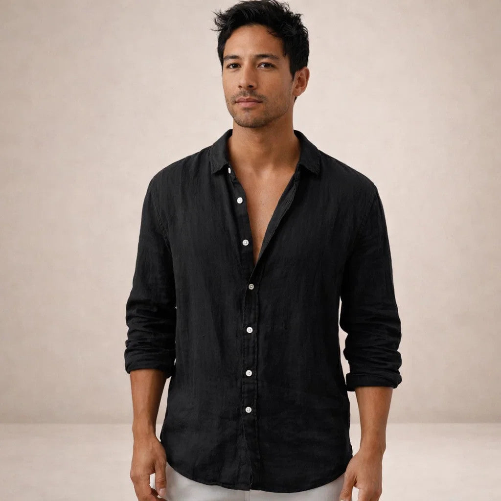 Men's Linen Shirt | Regular Fit | Breathable Fabric | Open Collar | Long Sleeves