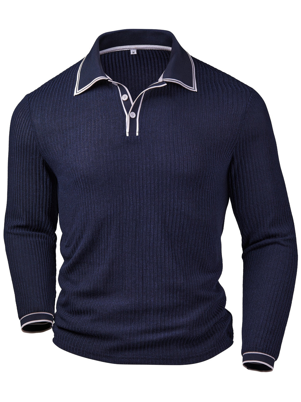 Heren casual poloshirt met kleurblok – marineblauw/wit, lange mouwen & contrasterende kraag