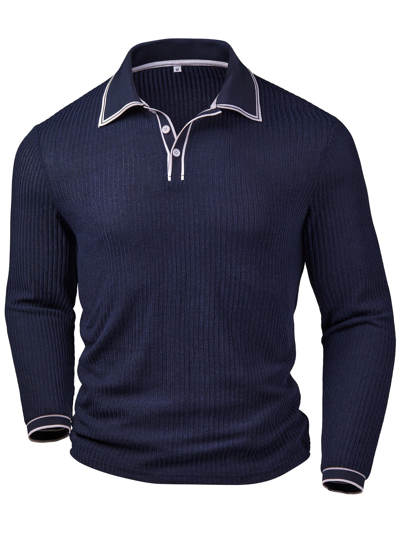 Heren casual poloshirt met kleurblok – marineblauw/wit, lange mouwen & contrasterende kraag