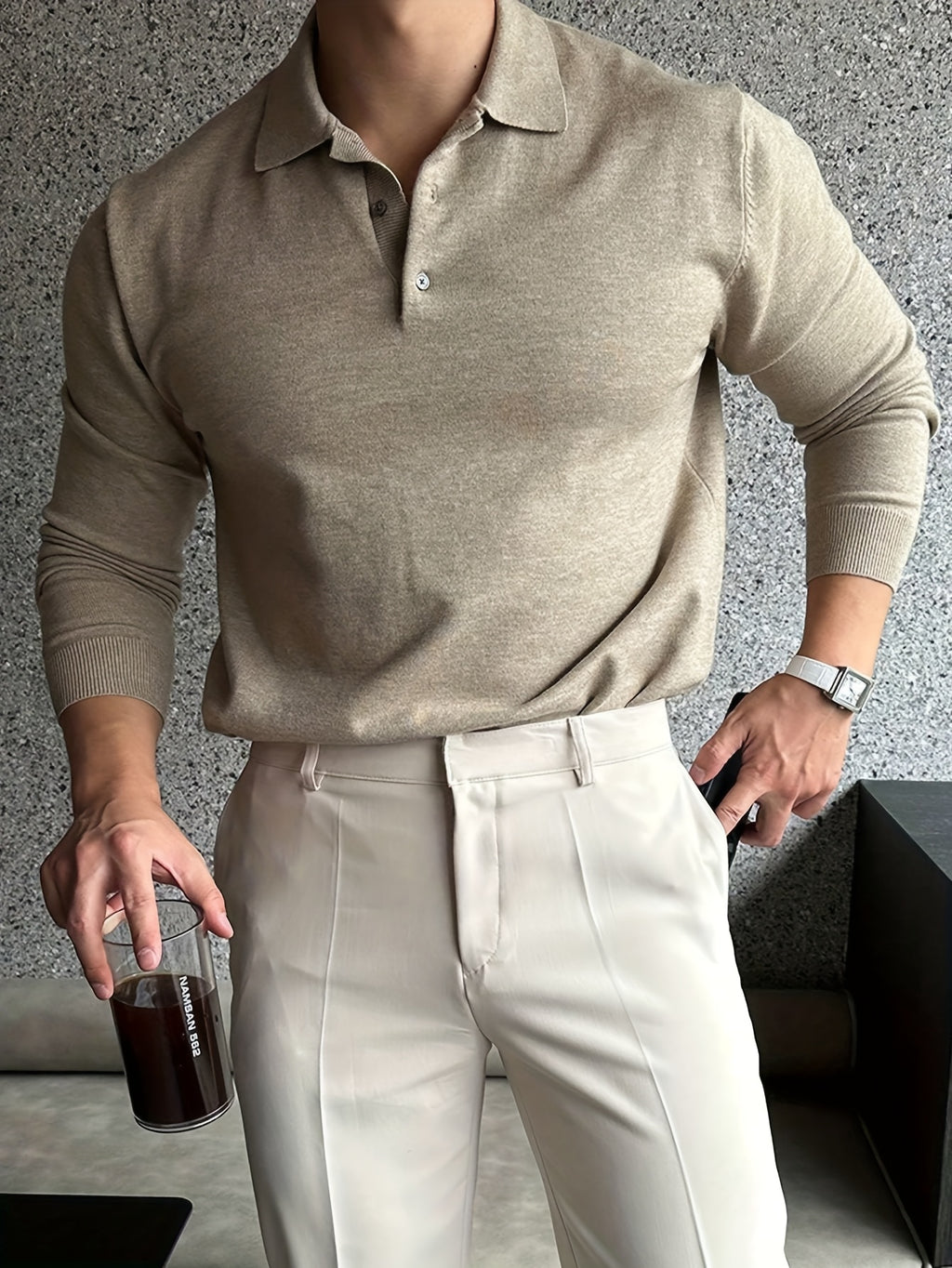 Heren beige lange mouwen polo – stijlvolle casual look voor de winter