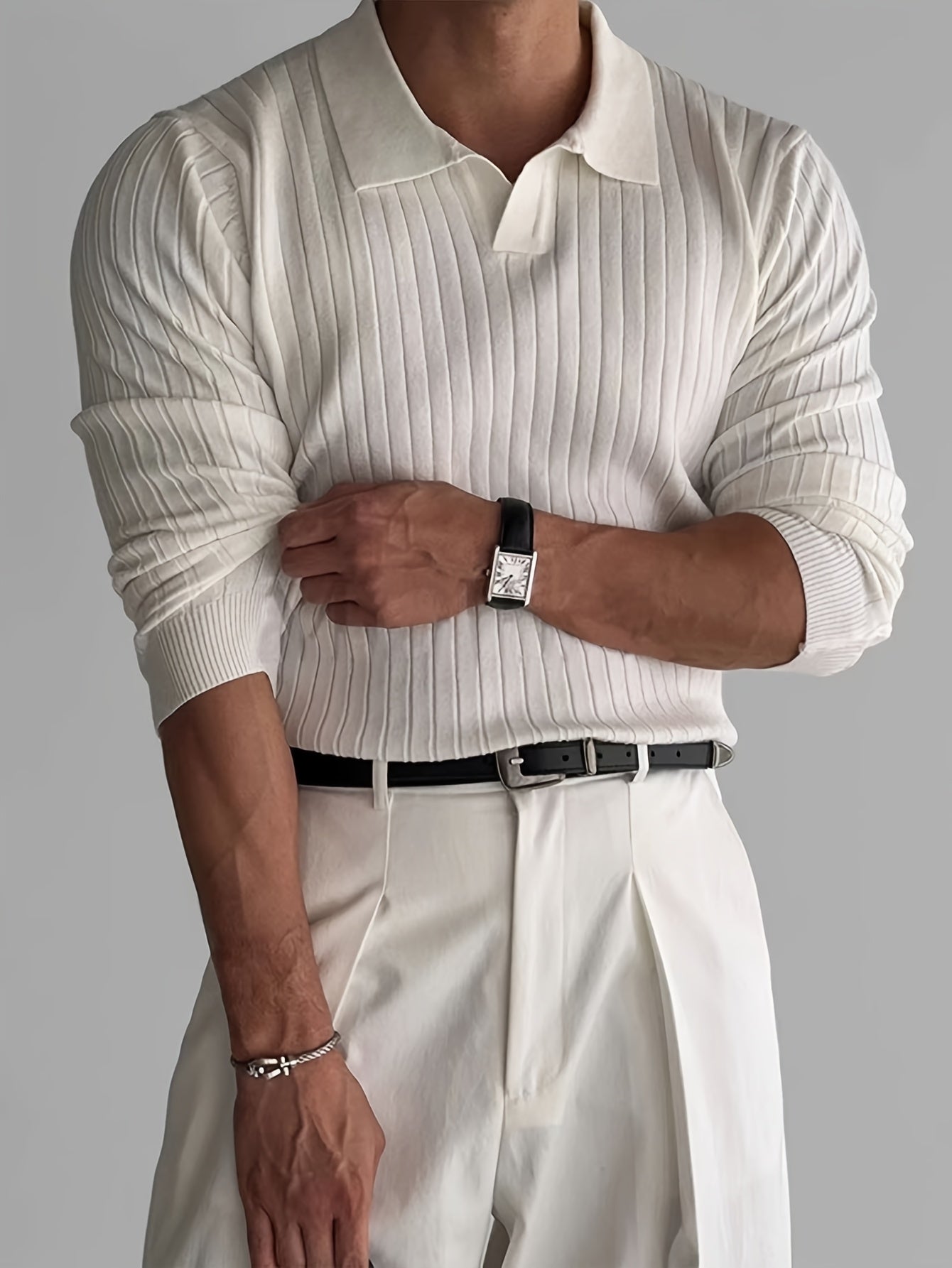 Heren gebreid poloshirt met lange mouwen en klassieke kraag