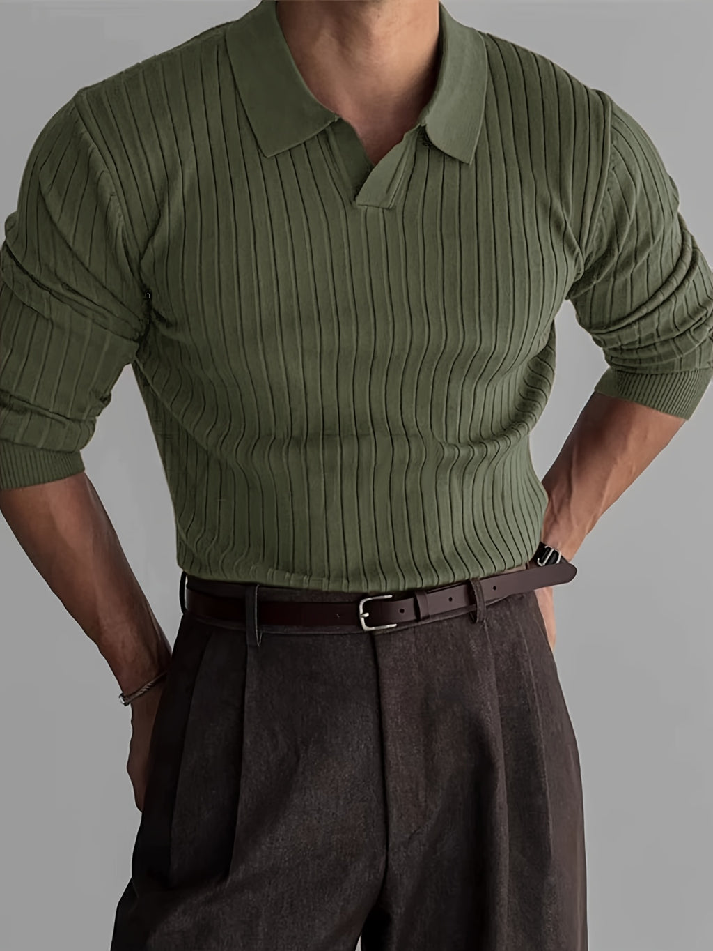 Heren gebreid poloshirt met lange mouwen en klassieke kraag