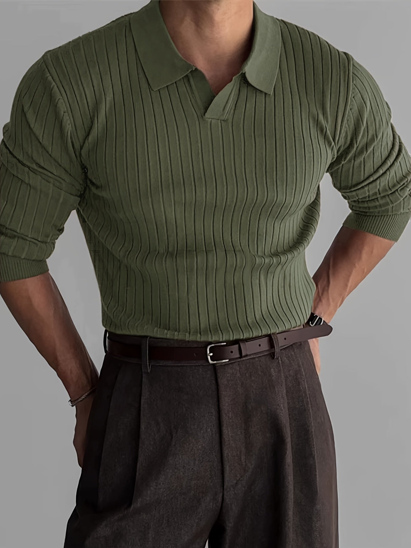 Heren gebreid poloshirt met lange mouwen en klassieke kraag