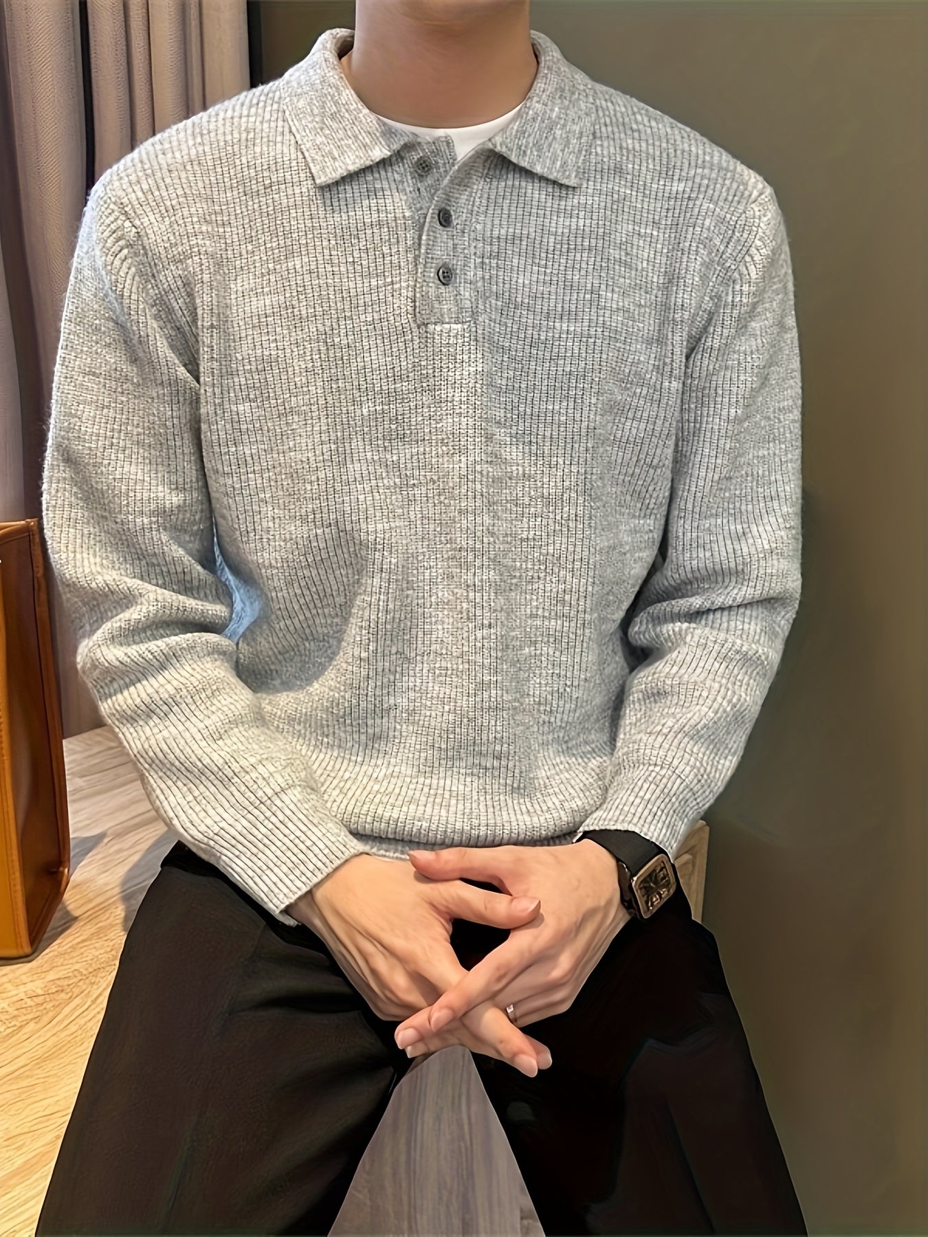 Heren dikke gebreide trui – oversized relaxed fit met knoopsluiting en kraag