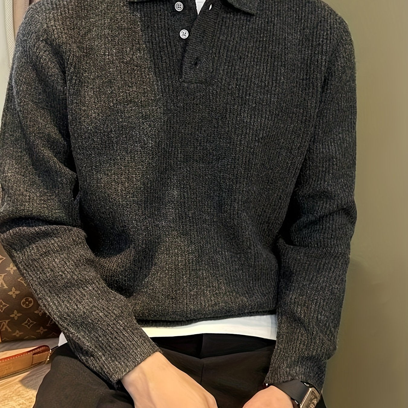 Heren dikke gebreide trui – oversized relaxed fit met knoopsluiting en kraag