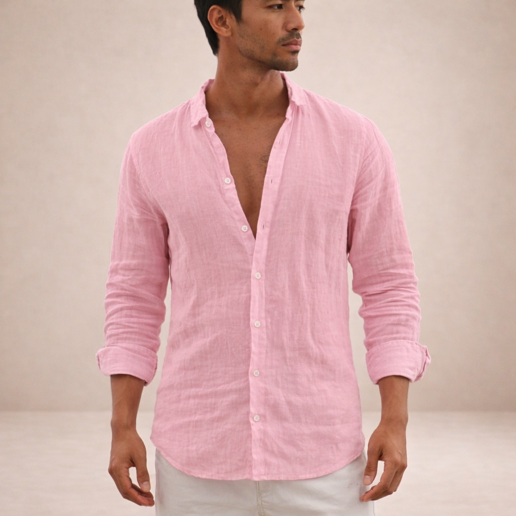 Men's Linen Shirt | Regular Fit | Breathable Fabric | Open Collar | Long Sleeves