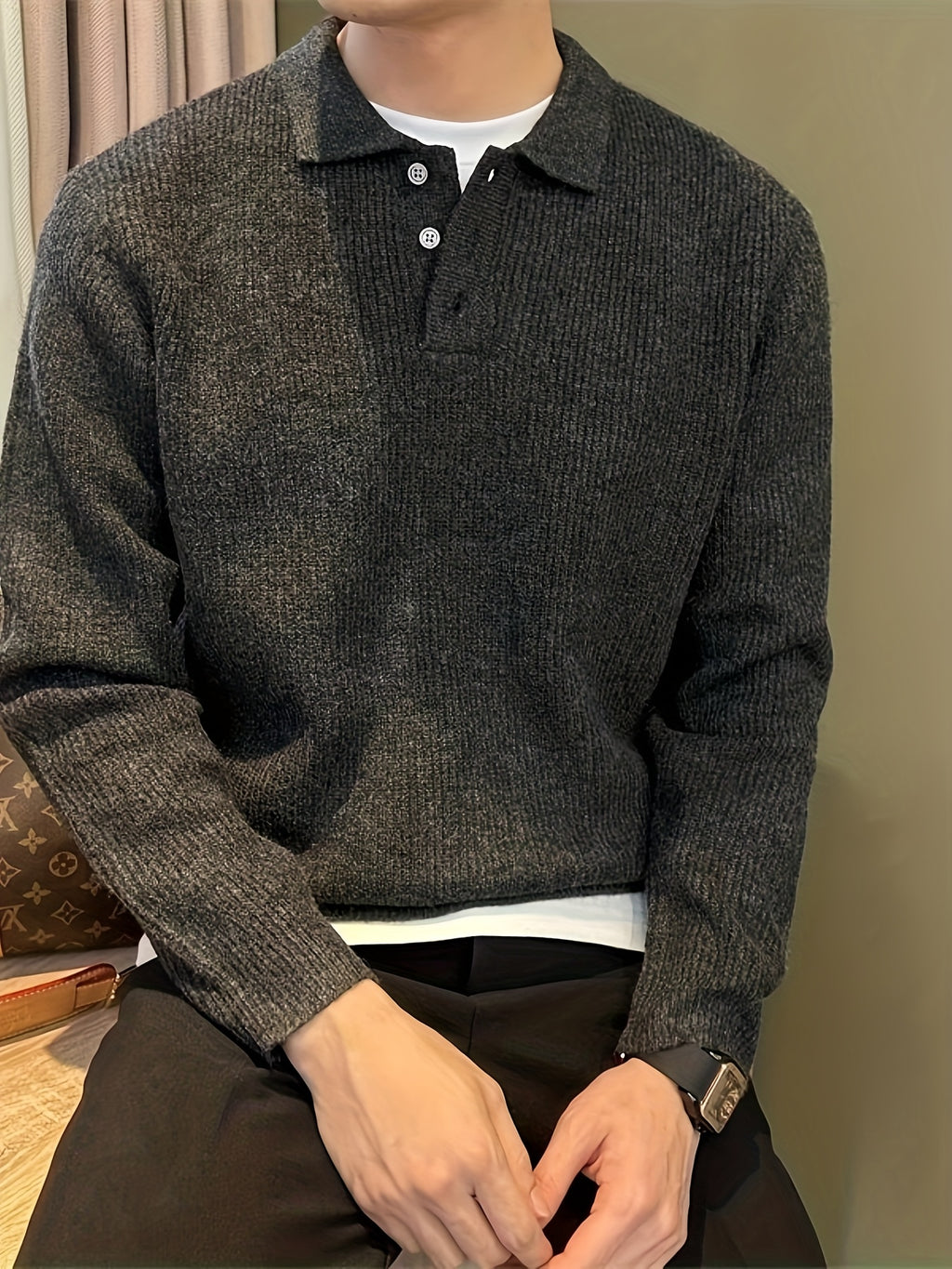 Heren dikke gebreide trui – oversized relaxed fit met knoopsluiting en kraag