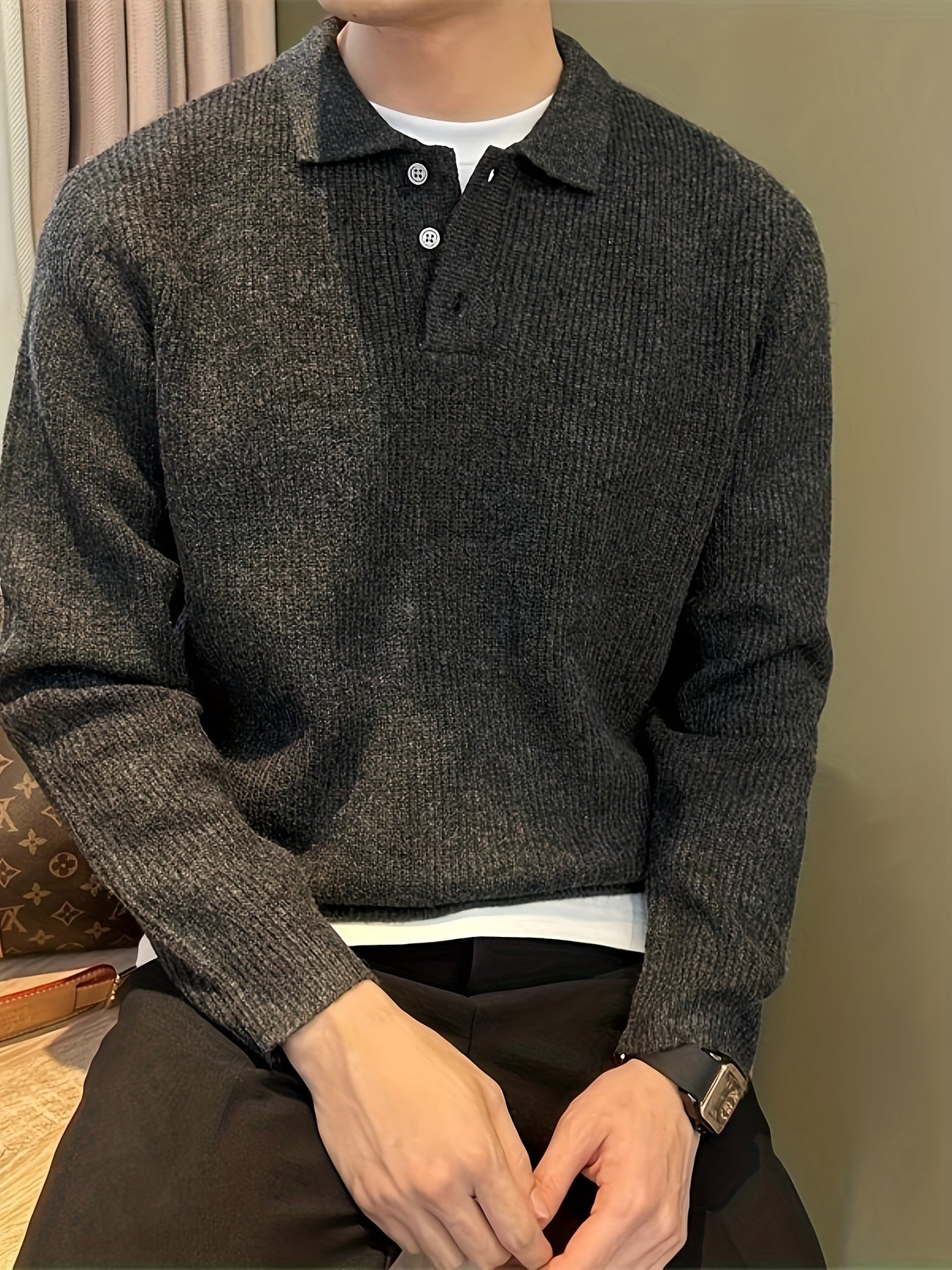 Heren dikke gebreide trui – oversized relaxed fit met knoopsluiting en kraag