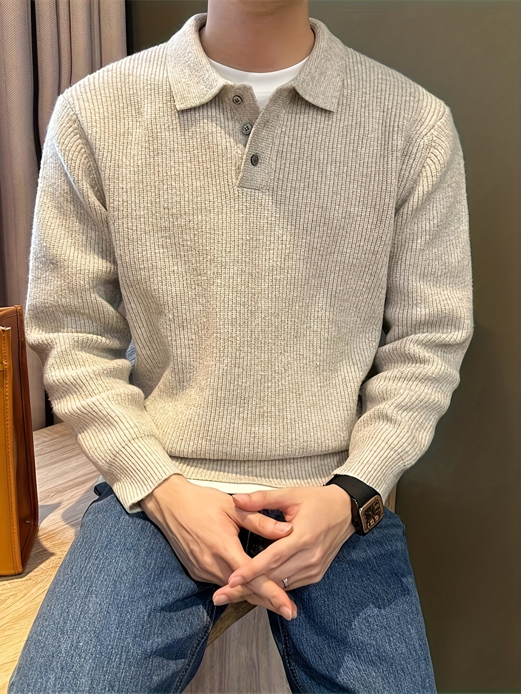 Heren dikke gebreide trui – oversized relaxed fit met knoopsluiting en kraag