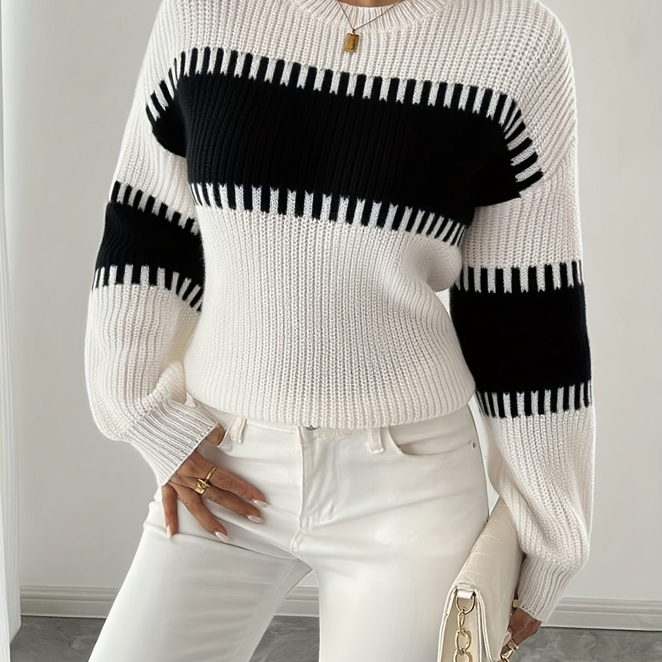 Elegante dames trui met lange mouwen – beige/bruine horizontale strepen, zachte stretch